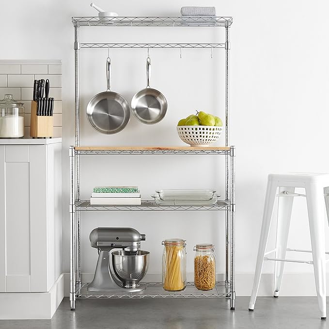 Amazon Basics 3 Tier Kitchen Bakers Rack with Storage, Removeable Top, Wood/Chrome, 14" D x 35.83" W x 63.31" H