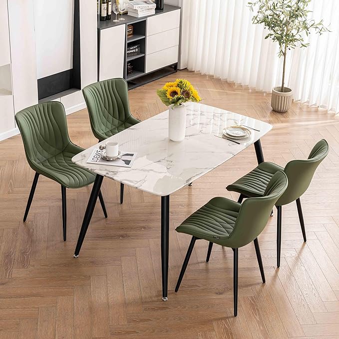 Kidol & Shellder Dining Chairs Set of 2, Mid Century Modern Kitchen Chairs with Black Metel Legs, PU Leather Upholstered Side Chair for Dining Room, Living Room, Lounge, Restaurant, Bean Green