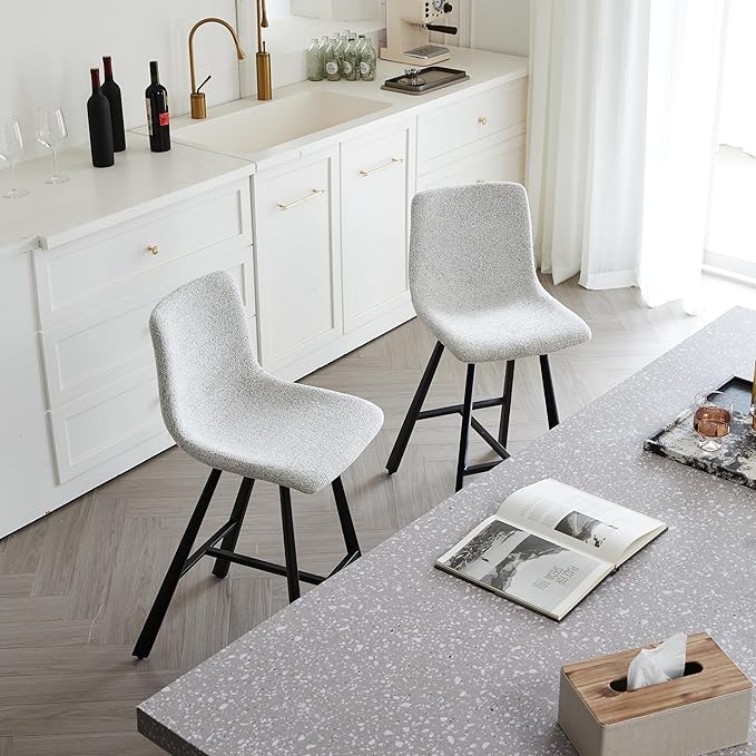 Textured Light Gray Fabric Bar Stool Upholstered Counter Height Chair with Sturdy Black Metal Legs for Kitchen Island, Home Bar, Dining Room (Single),2 Sets