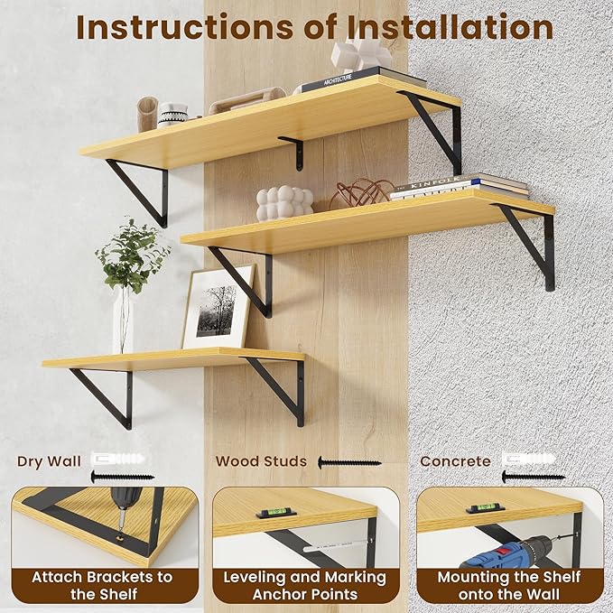 8" Deep Floating Shelves for Wall,16 inch Wood Wall Shelves Set of 2,Wide Floating Bookshelf with Sturdy Metal Brackets,Hanging Storage Floating Shelf for Living Room,Bedroom,Bathroom,Office,Oak