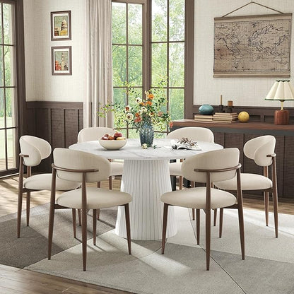 Farmhouse Round Dining Table Set for 6, 47 in Kitchen Table with MDF Tabletop & Base, Beige Fabric Upholstered Chairs with Walnut-Grain Metal Legs for Home Small Apartment (White)