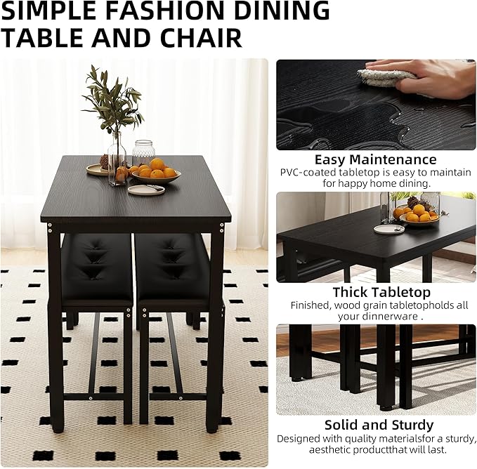 Dining Table Set for 4, Wood Kitchen Table & Chair with 2 Upholstered Benches for Breakfast Nook and Small Space, Black