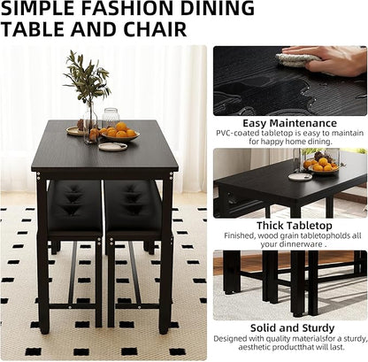 Dining Table Set for 4, Wood Kitchen Table & Chair with 2 Upholstered Benches for Breakfast Nook and Small Space, Black