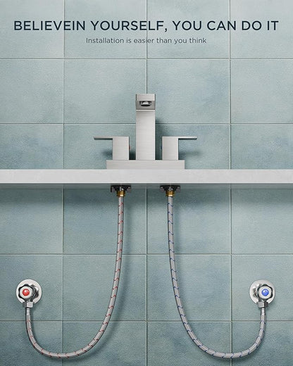 FORIOUS 4 Inch Brushed Nickel Bathroom Faucet Centerset 2 Handles, 3 or 2 Hole Centerset Bathroom Sink Faucet Brushed Nickel Square with Metal Drain, 24" CUPC Hose, and 1.2 GPM Spare Aerator