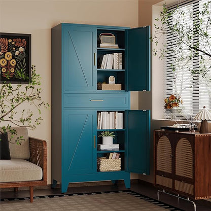 71"H Metal Kitchen Pantry Cabinet with Drawers,Blue Kitchen Storage Cabinets with Doors,Farmhouse Pantry Food Storage Cabinets,Tall Pantry Cabinets,Large Freestanding Cabinets for Dining Room