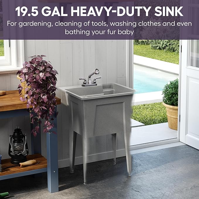 24” Utility Sinks for Laundry Room, Garage, Garden, Basement – Noah William Home Indoor and Outdoor Polypropylene Basement Wash Tub - No Faucet Included (Grey)