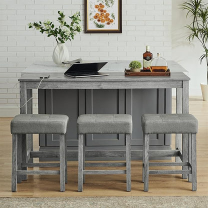4-Piece Kitchen Island Counter-Table Set with Charging Station, Industrial 59" Dining Tables with 3 Stools, 59 Inch Farmhouse Bar Table Chairs w/USB & Type-C & Power Outlets, Grey