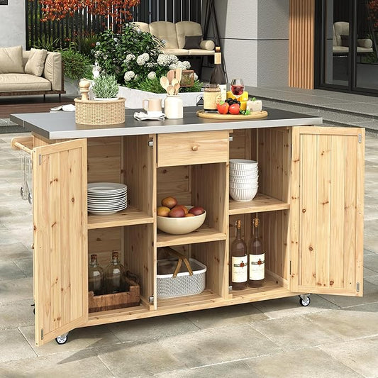 Flieks Outdoor Kitchen Island Fir Wood Kitchen Island with Stainless Steel Top, Ample Storage Space, Towel and Spice Racks and a Bottle Opener for Outdoor, Natural