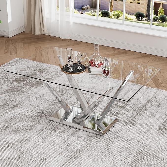 63'' Rectangular Glass Dining Table for 4-6, Luxury Kitchen Table with Tempered Glass and Aesthetic Silver Stainless Steel Base, Modern Dinner Table for Home, Apartment