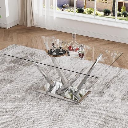 63'' Rectangular Glass Dining Table for 4-6, Luxury Kitchen Table with Tempered Glass and Aesthetic Silver Stainless Steel Base, Modern Dinner Table for Home, Apartment