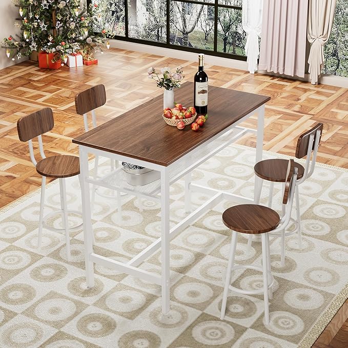 5-Piece Bar Height Table and Chairs Set – Modern Kitchen Table with 4 Bar Stools,Compact Dining Table Chairs Set ,Bar Table and Chairs Set for Kitchen Island Seating & Dining Room (Brown+White.)
