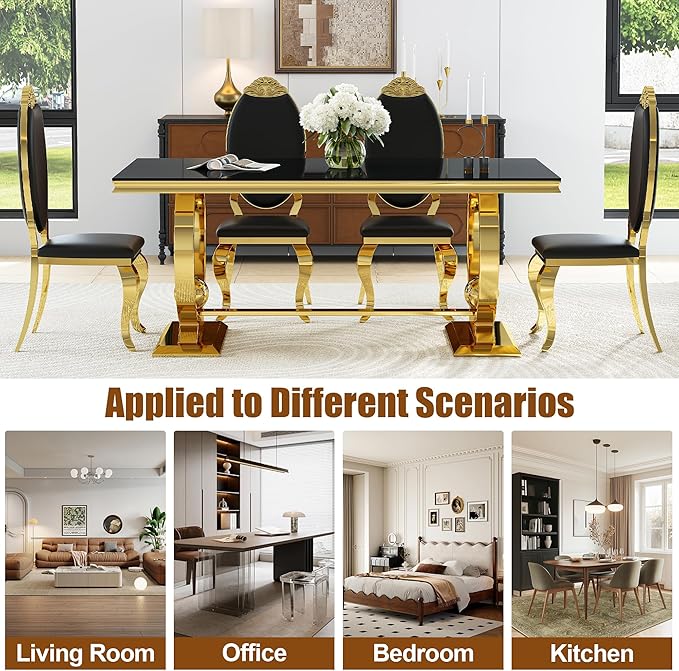 70'' Modern Black Tempered Glass Dining Table for 6, Rectangular Luxury Kitchen Table with Gold Polished Stainless Steel U-Shaped Pedestal Base, Features Bead Detailing, for Dining Room, Table Only