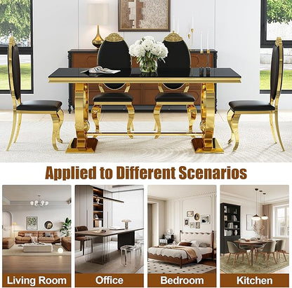 70'' Modern Black Tempered Glass Dining Table for 6, Rectangular Luxury Kitchen Table with Gold Polished Stainless Steel U-Shaped Pedestal Base, Features Bead Detailing, for Dining Room, Table Only