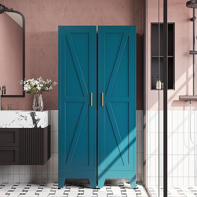 67“H Blue Narrow Kitchen Cabinet, Metal Skinny Pantry Storage Cabinet,Tall Narrow Bathroom Storage Cabinet with Adjustable Shelves,Slim and Thin Pantry Cabinets for Living Room Dining Room