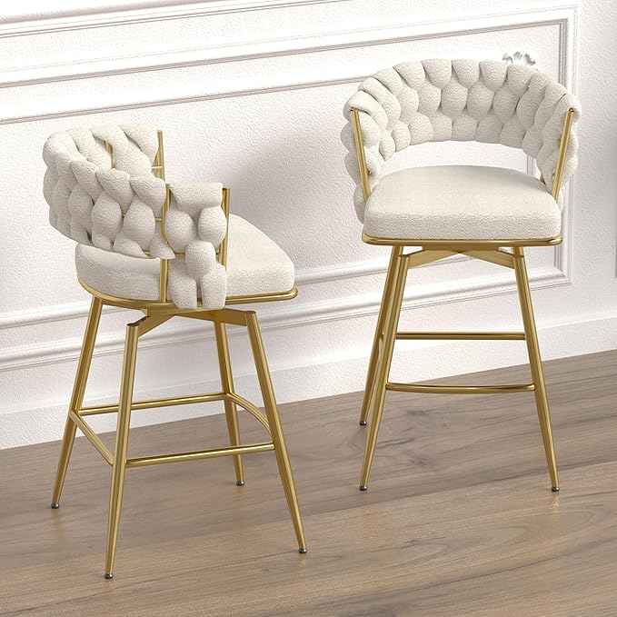 26" Bar Chair Toweling Woven Bar Stool Set of 2,Golden Legs Bar stools No Adjustable Kitchen Island Chairs,360 Swivel Bar Stools Upholstered Counter Stool Arm Chairs with Back Footrest (White)