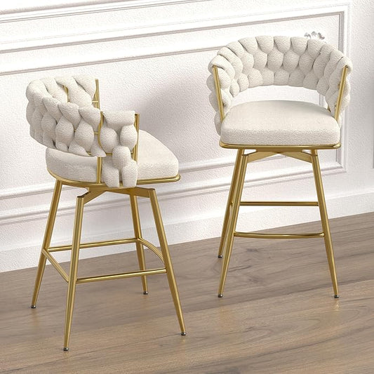 26" Bar Chair Toweling Woven Bar Stool Set of 2,Golden Legs Bar stools No Adjustable Kitchen Island Chairs,360 Swivel Bar Stools Upholstered Counter Stool Arm Chairs with Back Footrest (White)