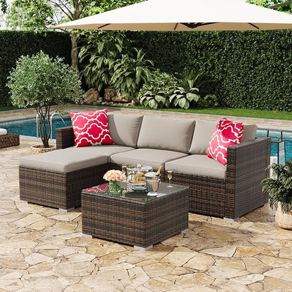 GAOMON 5-Piece All-Weather Patio Furniture Set, Convertible Outdoor Sectional Sofa with Ottoman & Tempered Glass Table, PE Rattan Conversation Set for Garden, Backyard, Porch, Poolside