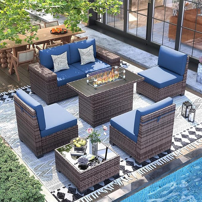 UDPATIO Patio Furniture Set with Fire Pit Table, 8 Inch Armrest 7 Piece Outdoor Sectional Sofas, All-Weather Wicker Conversation for Garden, Backyard, Brown/Navy Blue