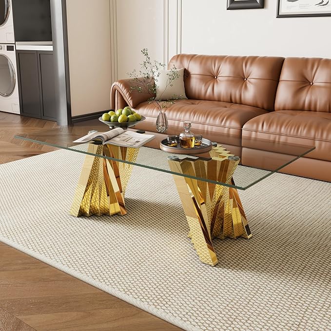 Glass Coffee Table, 51" Coffee Table with Tempered Glass Tabletop and Mirror Finish Stainless Steel Legs, Modern Rectangular Center Table for Living Room, Office
