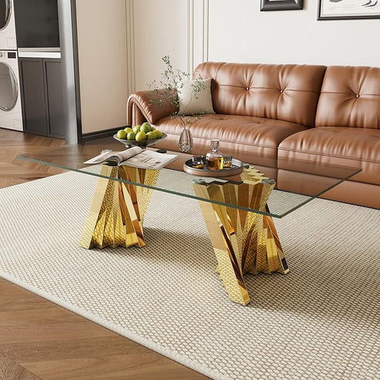 Glass Coffee Table, 51" Coffee Table with Tempered Glass Tabletop and Mirror Finish Stainless Steel Legs, Modern Rectangular Center Table for Living Room, Office