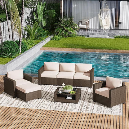 LOUVIXA 7 Piece Outdoor Patio Furniture Set, Rattan Chairs Glass Table Wicker Conversation Seating Sectional Sofa with Cushions (Brown-Beige, 7Pcs-2 Layer Coffee Table)
