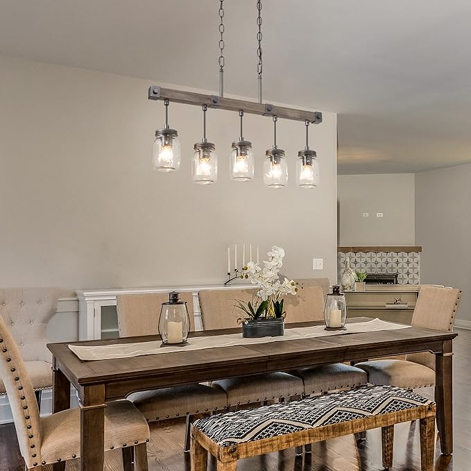 Mason Jar Chandelier, 5-Light Farmhouse Chandelier for Dining Room, 25.5" Rustic Island Lighting with Clear Glass Globes