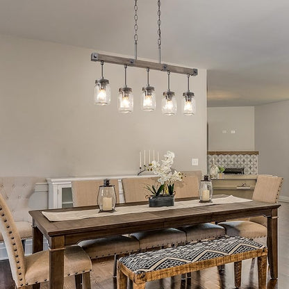 Mason Jar Chandelier, 5-Light Farmhouse Chandelier for Dining Room, 25.5" Rustic Island Lighting with Clear Glass Globes
