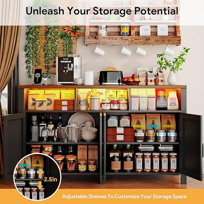 knoworld Buffet Sideboard with Storage with Power Outlets & LED Light 4 Doors, 55'' Large Farmhouse Kitchen Storage Cabinet Wood Coffee Bar Cabinet Buffet Table for Kitchen, Dining Room, Entryway