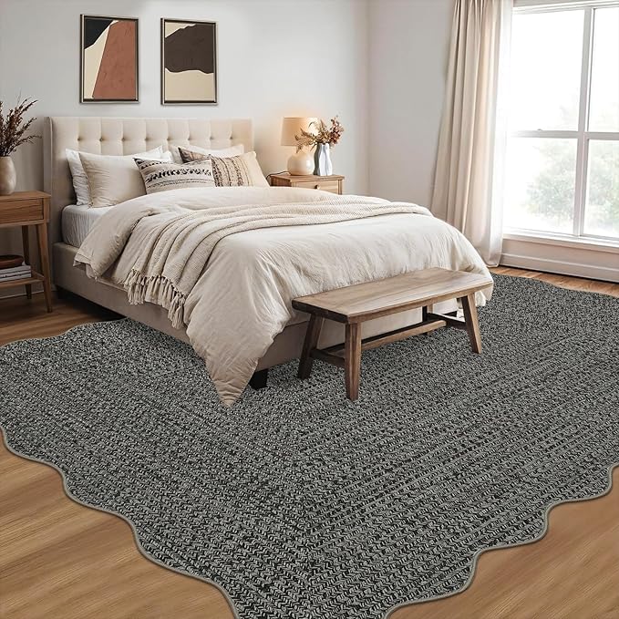 Imitation Braided Collection-Print Scalloped Washable Rugs 8x10 Area Rug for Living Room Soft Bedroom Rug Farmhouse Large Rug Non Slip Stain Resistant Carpet for Nursery Dining Room 8'x10'