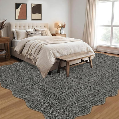 Imitation Braided Collection-Print Washable Rug 9x12 Area Rug for Bedroom Scalloped Living Room Rug Soft Large Rugs Non Slip Throw Rugs Stain Resistant Carpet for Nursery Dining Room Office