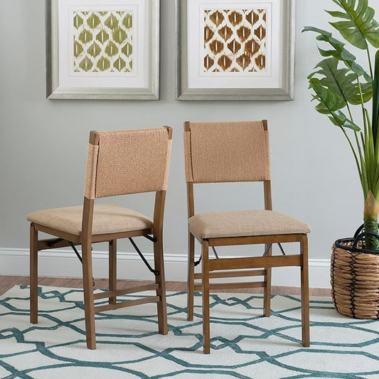 Bennett Natural Folding Chair with Rope Back and Linen Upholstered Seat Set of 2 by Linon