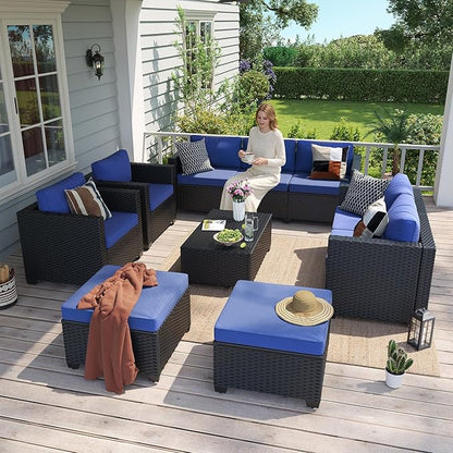 Aoxun 10 Piece Outdoor Patio Furniture Set 9 Seats, Outdoor Sectional with Thick Waterproof Cushions, Patio Conversation Sets for Garden,Backyard, Porch, Balcony, Black & Blue