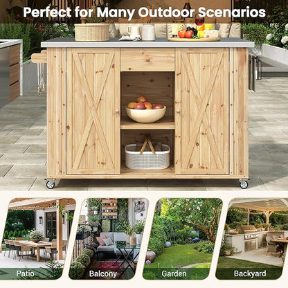 YOPTO Outdoor Kitchen Island Fir Wood Kitchen Island with Stainless Steel Top,Ample Storage Space,Towel and Spice Racks and a Bottle Opener for Outdoor,Natural