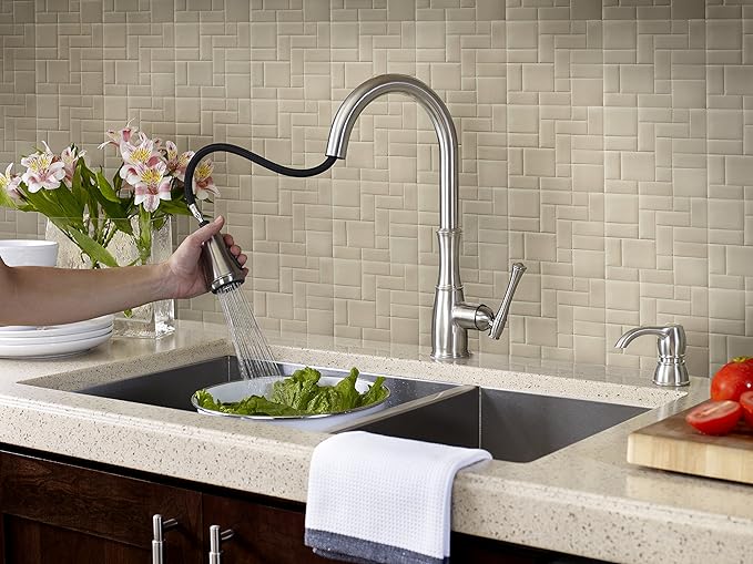 Pfister Wheaton Kitchen Faucet with Pull Down Sprayer and Soap Dispenser, Single Handle, High Arc, Stainless Steel Finish, GT529WH1S
