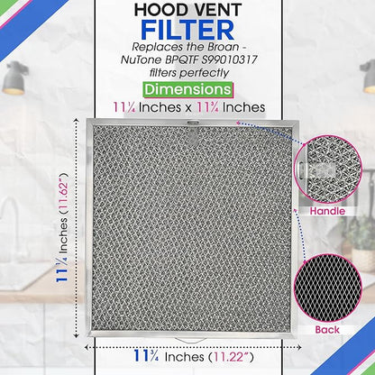 Stove Hood Vent Filter 11.6” x 11.2” BPQTF S99010317 Compatible with Broan Range Hood Filter Replacement for Ductless Overhead - Metal Mesh Filters Grease and Carbon Freshens Kitchen Oven Air (1-Pk)