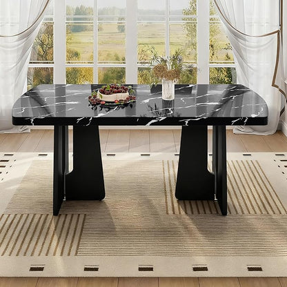 63" 350Lbs Capacity Faux Marble Island Table, Rustic Dining Table with Geometric Legs, Farmhouse Dining Table with Floor Pads for Gatherings, Black