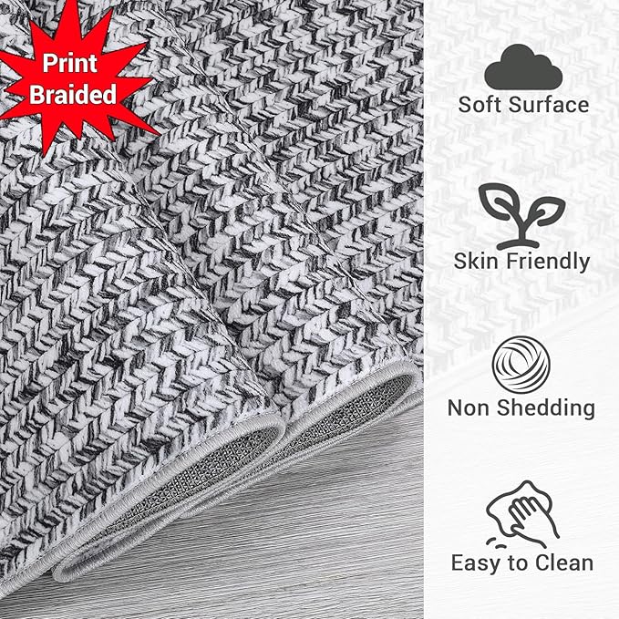 Washable Area Rugs 5x7 Rug for Living Room Non Slip Modern Rug Soft Area Rug for Bedroom Farmhouse Braided Print Throw Rugs Contemporary Stain Resistant Carpet for Dining Room 5'x7' Light Grey