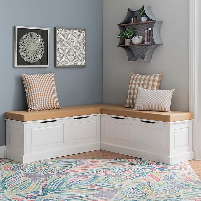 Linon Tobin White Dining Nook with Hidden Storage Includes Beige Cushion Set and Pillows