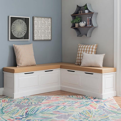 Linon Tobin White Dining Nook with Hidden Storage Includes Beige Cushion Set and Pillows