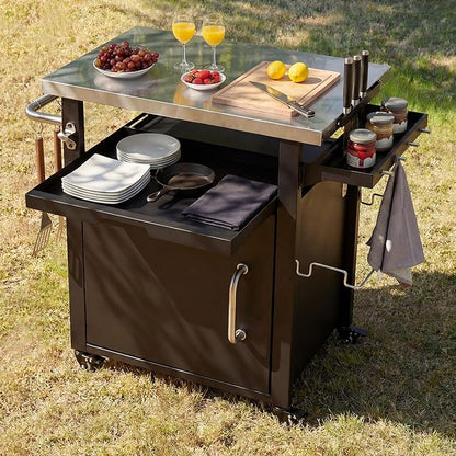 39.5" Outdoor Kitchen Island with Stainless Steel Top and Storage Cabinet, Metal Kitchen Island with Hooks and Spice Rack, Rolling Grill Cart with Wheels for BBQ Waterproof Cover Included Black