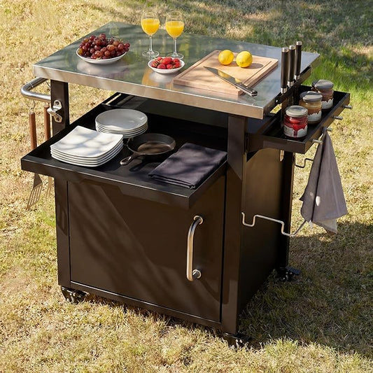 39.5" Outdoor Kitchen Island with Stainless Steel Top and Storage Cabinet, Metal Kitchen Island with Hooks and Spice Rack, Rolling Grill Cart with Wheels for BBQ Waterproof Cover Included Black