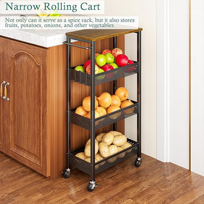 XYZLVSI Slim Storage Cart 4 Tier Fruit and Vegetable Baskets for Kitchen Small Space, Narrow Laundry Cart on Wheels with Wooden Top and Metal Handle for Pantry, Bathroom, Laundry Room