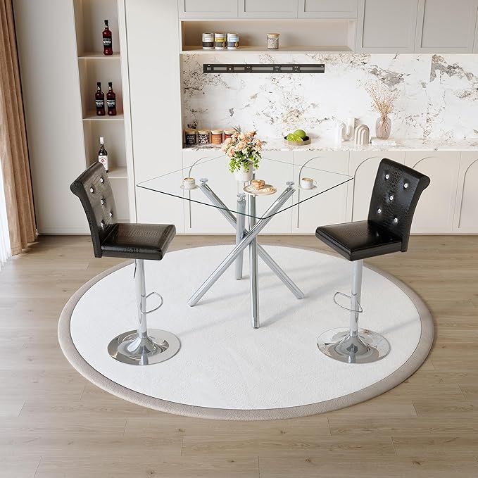 Glass Bar Table Set for 2, Transparent Table with 2 Adjustable Leather Chairs, 3 Piece Counter Height Pub Table Set for Kitchen Island, Home Bar, Small Space, Black,Silver
