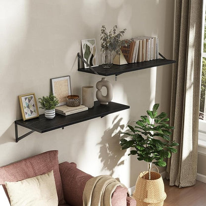 Acovy Deep Floating Shelves Wall Mounted, 36"x12" Black Wall Shelves with Brackets Set of 2 for Bedroom, Living Room, Bathroom, Kitchen, Office - Storage & Display Shelf for Decor, Books, Plants