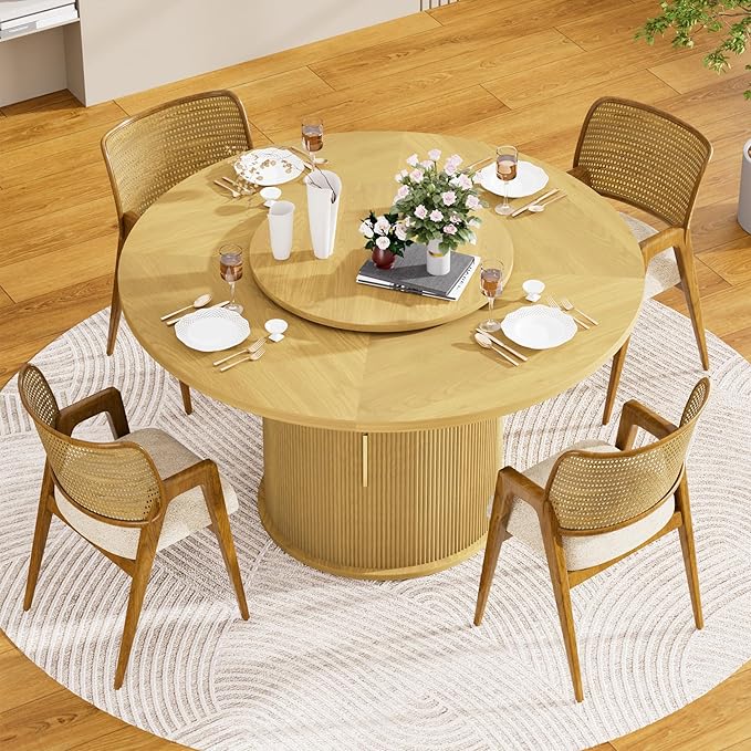55 inch Round Dining Table for 4-6, Round Wooden Dining Table with Rotating Tabletop Tray & Sliding Door Base, Modern Farmhouse Kitchen Table with 2 Tier Storage Shelf for Kitchen Living Room, Natural