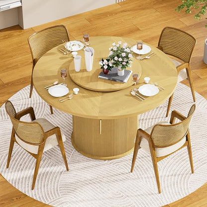 55 inch Round Dining Table for 4-6, Round Wooden Dining Table with Rotating Tabletop Tray & Sliding Door Base, Modern Farmhouse Kitchen Table with 2 Tier Storage Shelf for Kitchen Living Room, Natural