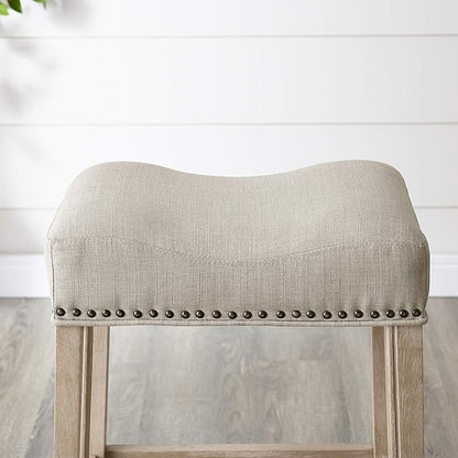 Roundhill Furniture Coco Upholstered Backless Saddle Seat Counter Stools 25.5" Height, Set of 2, Fabric, Tan