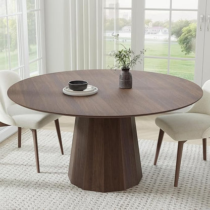 Casaphoria 60" Round Dining Table, Modern Wood Kitchen Table with Cone Shaped Strip Polygonal Base for Living Room & Dining Room, Easy Assembly Farmhouse Furniture for 4-6, Walnut