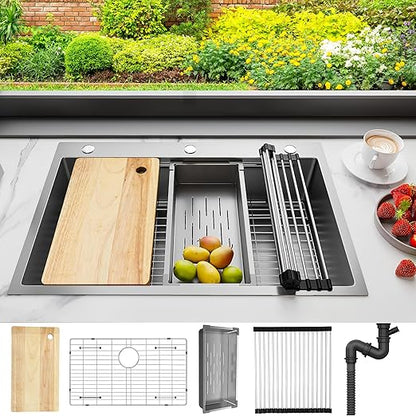 YITAHOME Drop In Kitchen Sink Workstation with Pull-down Faucet, 304 Stainless Steel Single Bowl Top Mount Sink w/Ledge & Accessories, Honeycomb Surface Design, 33 x 22 x 10 in, Silver