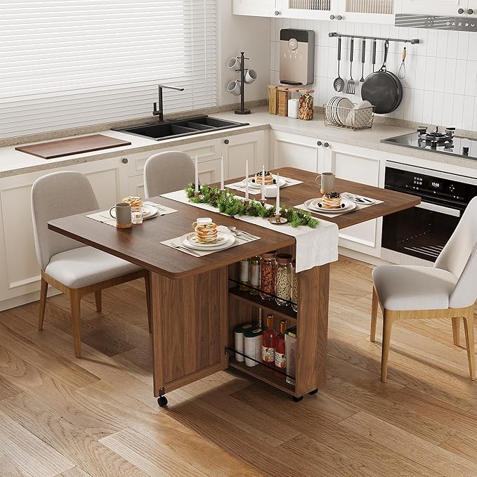 Garvee Folding Dining Table with Storage, Folding Kitchen Table with 6 Wheels, Drawer & Shelves, Compact Dining Table for Small Spaces